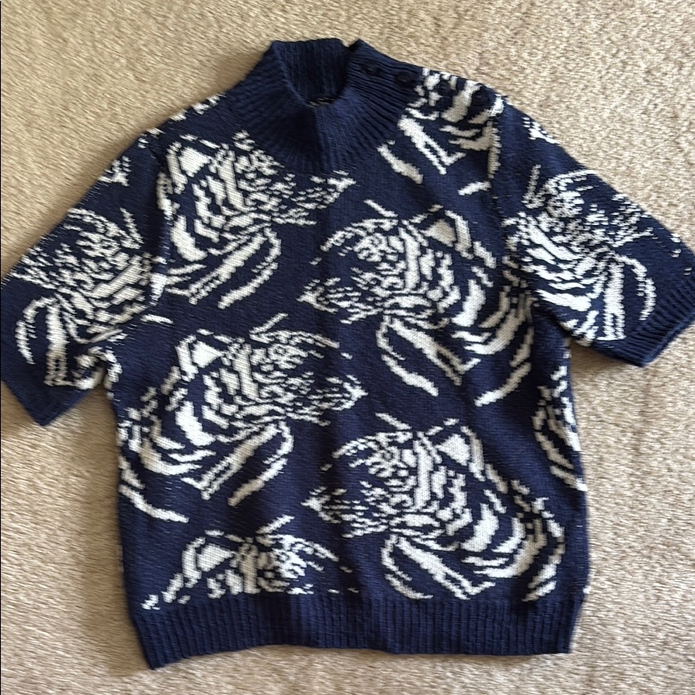 Anthropologie Blue and White Turtleneck Sweater with Bold Pattern